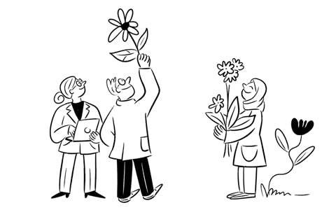 llustration de 3 scientifiques, avec des fleurs et un ordinateur