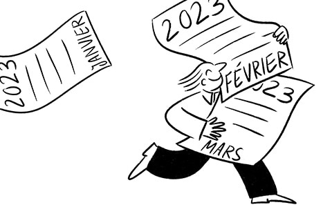lllustration : personnage tenant les pages d’un calendrier 2023 qui s’envole