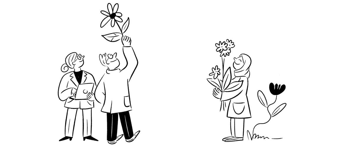 Illustration de 3 scientifiques, avec des fleurs et un ordinateur