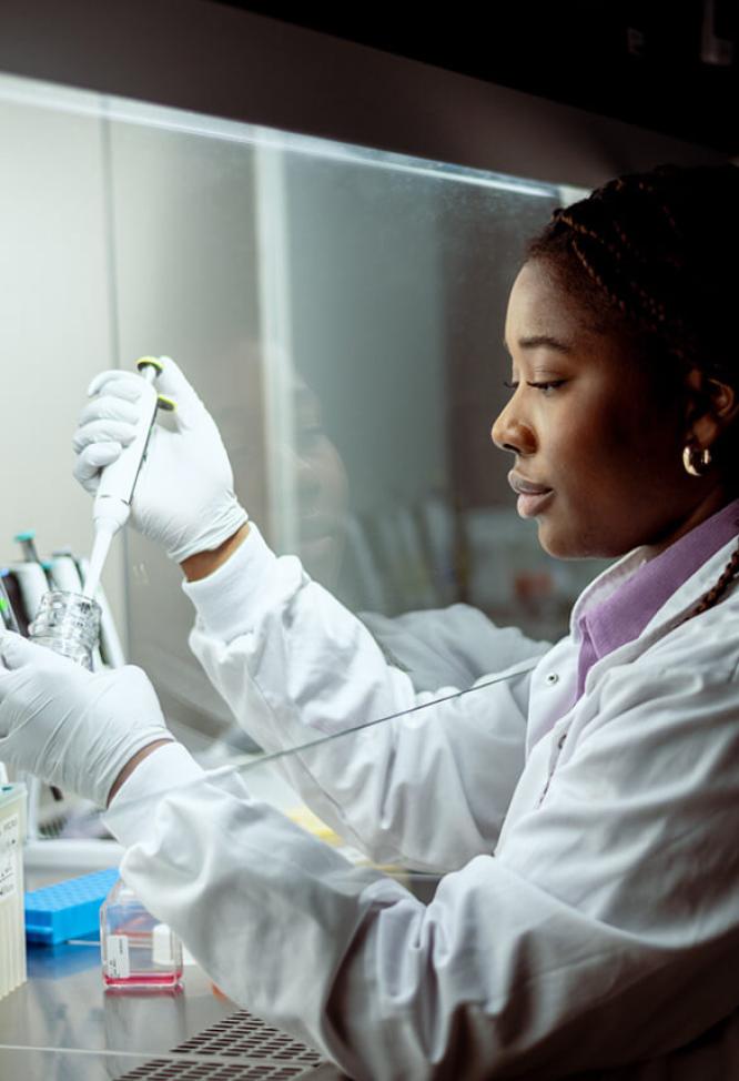 Scientifique utilisant une pipette pour transférer du liquide dans un récipient