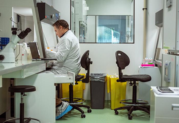 cientifique travaillant dans un laboratoire, ajustant un échantillon sous un microscope