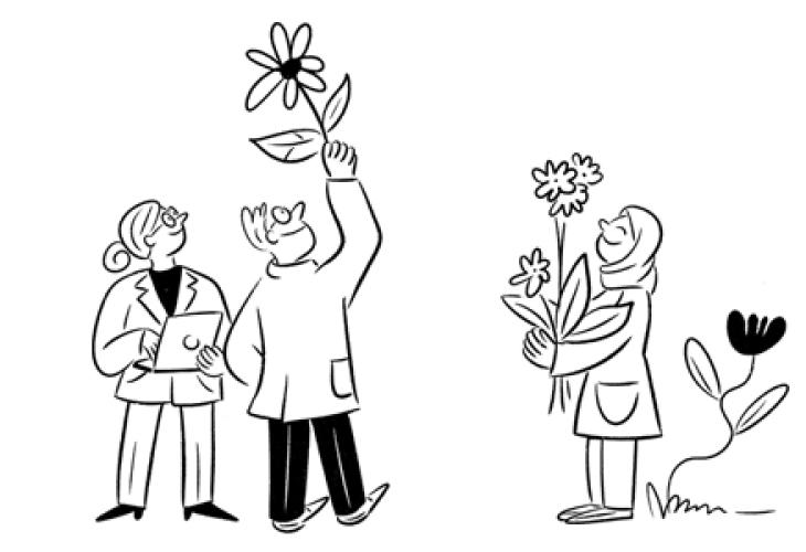 llustration de 3 scientifiques, avec des fleurs et un ordinateur