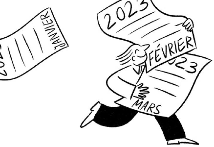 lllustration : personnage tenant les pages d’un calendrier 2023 qui s’envole